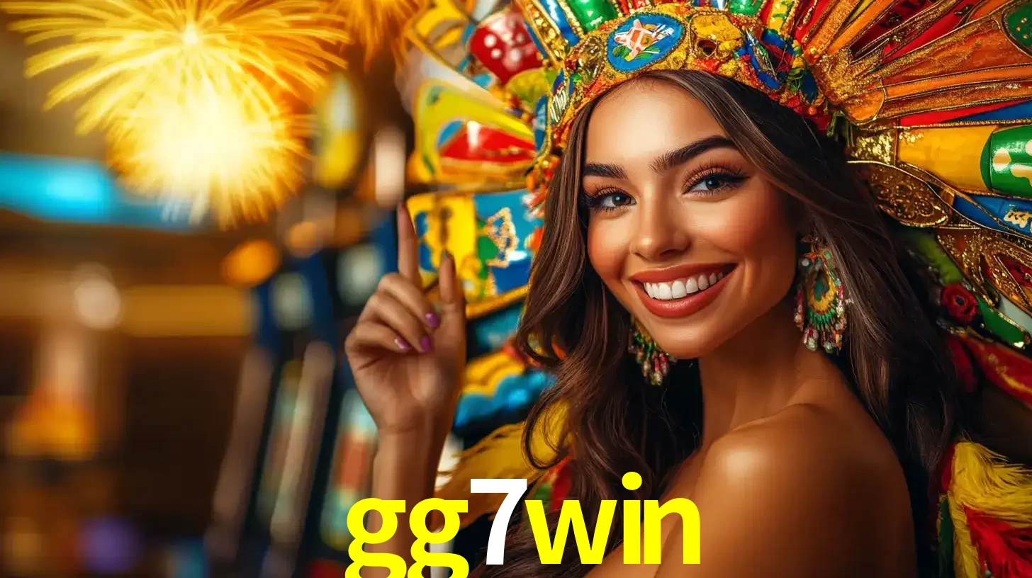 Mulher sorridente com um cocar de carnaval vibrante e colorido, celebrando uma grande vitória nos jogos do cassino gg7win com fogos de artifício ao fundo.