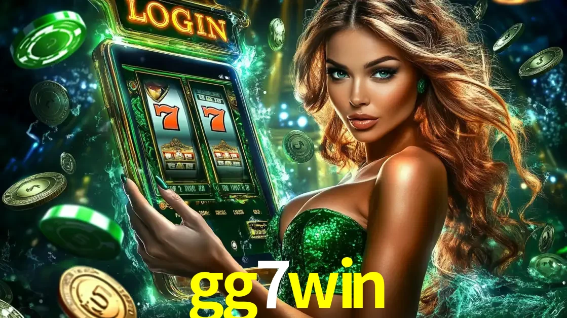 Mulher com tema verde apresentando o aplicativo do cassino gg7win com um jogo de slot de 777, cercada por fichas de cassino e uma aura de sorte.