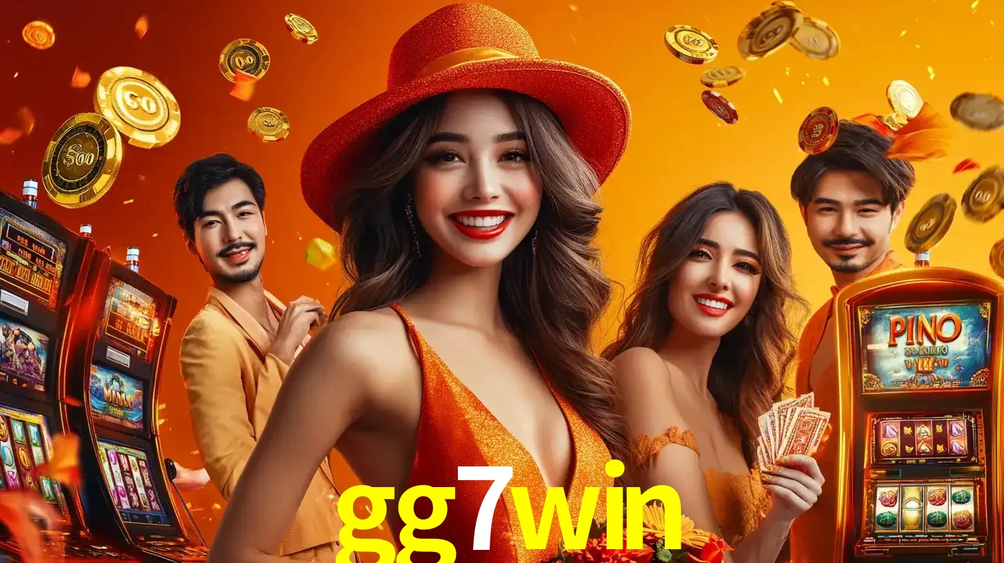 Grupo de amigos asiáticos sorrindo e se divertindo com máquinas de caça-níqueis em um ambiente festivo, celebrando suas vitórias nos jogos de cassino do gg7win.