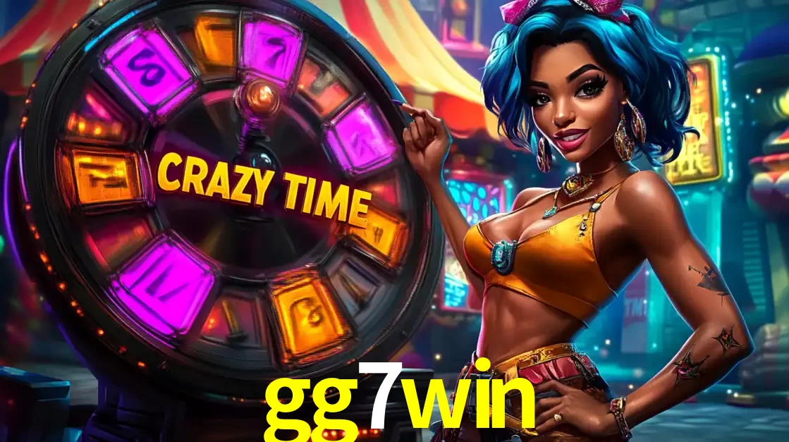 Mulher estilizada com cabelo azul e visual vibrante posando ao lado da roda de prêmios do game show Crazy Time, convidando para a diversão e os bônus do cassino gg7win.