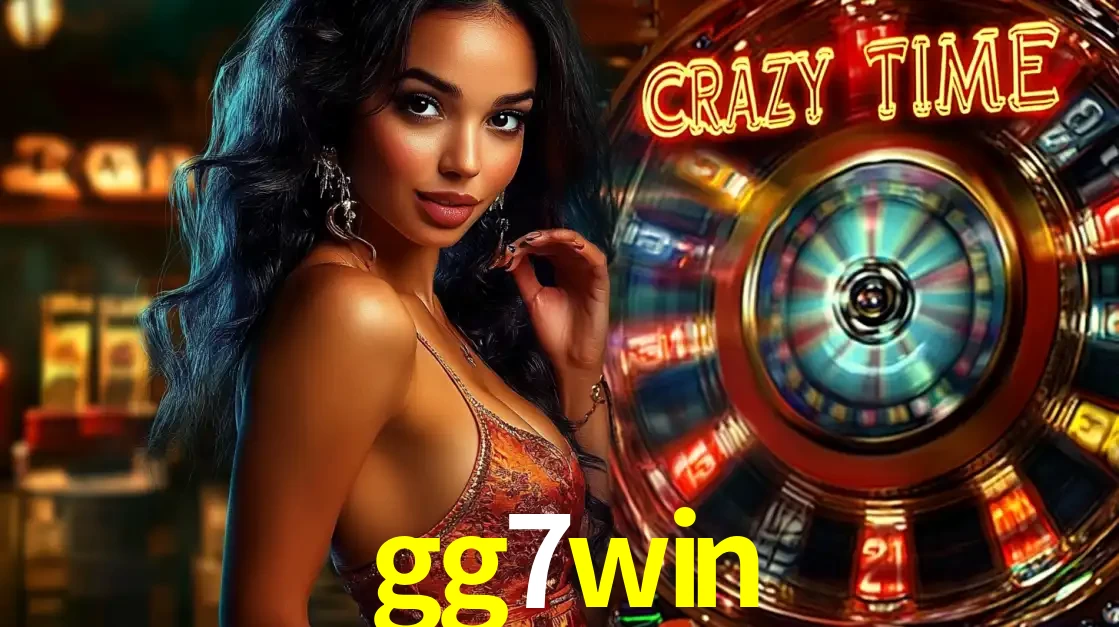 Mulher elegante ao lado da vibrante roda da fortuna do jogo de cassino ao vivo Crazy Time, um dos game shows mais populares e cheios de prêmios do gg7win.
