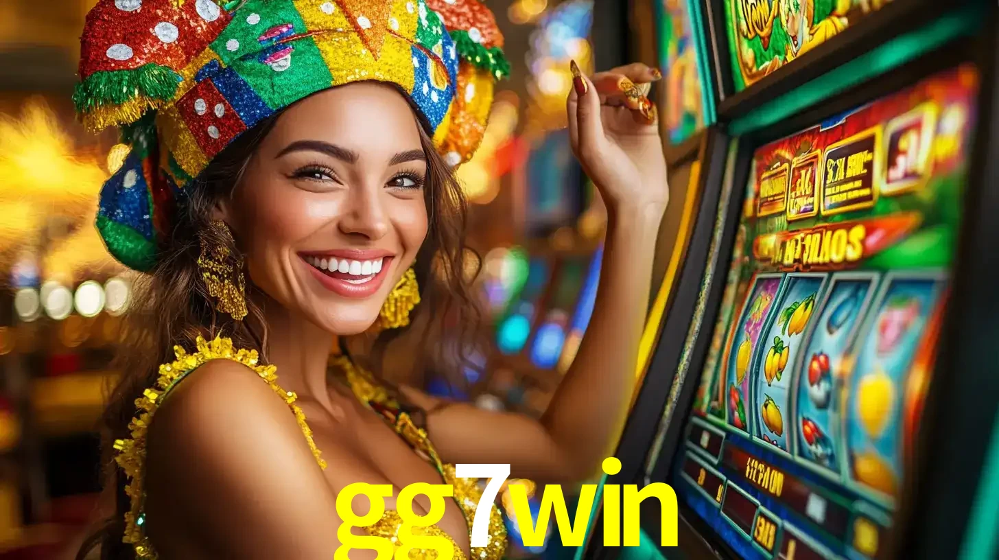 Mulher feliz com traje de carnaval amarelo e colorido ao lado de uma máquina de caça-níqueis, aproveitando a diversão e os jogos temáticos do cassino gg7win.