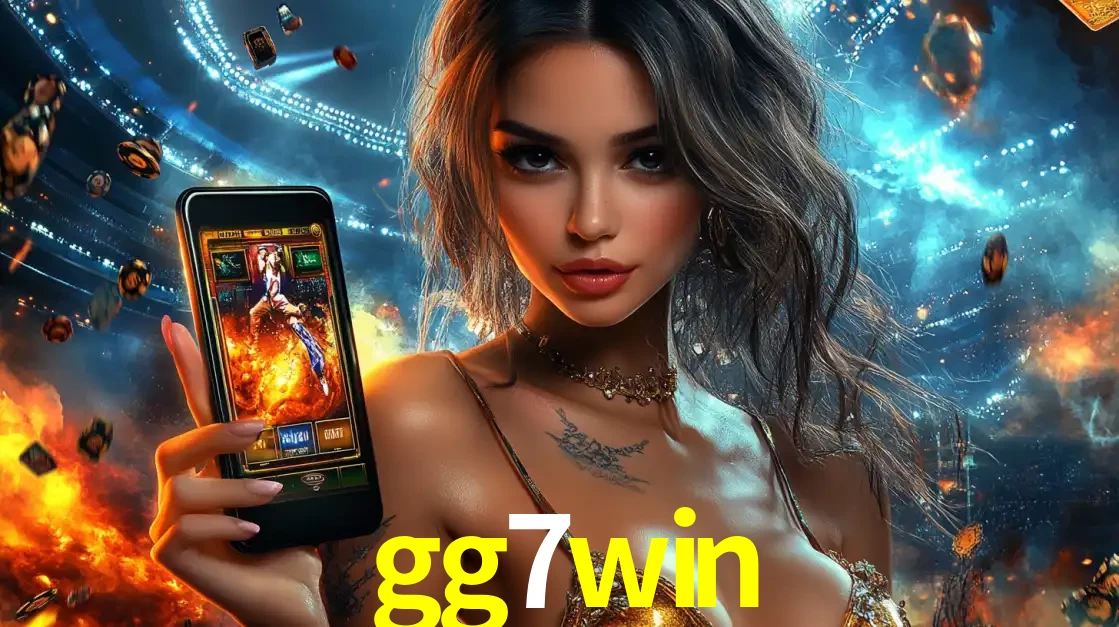 Mulher segurando um celular com um jogo de slot em destaque, tendo como fundo um estádio vibrante, simbolizando a emoção de jogar no cassino móvel gg7win.