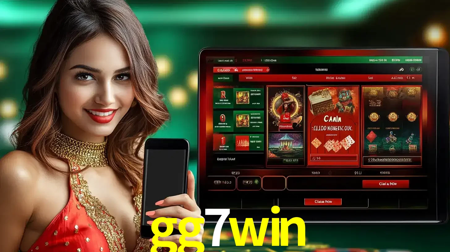 Mulher sorridente segurando um smartphone, ao lado de uma tela exibindo o lobby de jogos do cassino online gg7win, com várias opções de jogos de cartas e slots.